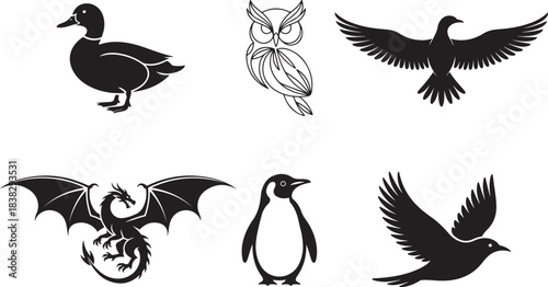 Six Animal Silhouettes (Duck, Owl, Crow, Dragon, Penguin, Bird) Set.