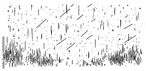 Hand drawn heavy rain texture falling on grass vector sketch of stormy weather background with drops and lines in black and white doodle style