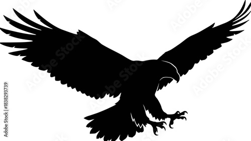 Black silhouette of bird of prey in flight, eagle or hawk icon, powerful raptor illustration, wings spread, talons extended, strength and freedom symbol, minimal design