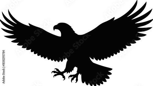 Black silhouette of bird of prey in flight, eagle or hawk icon, powerful raptor illustration, wings spread, talons extended, strength and freedom symbol, minimal design
