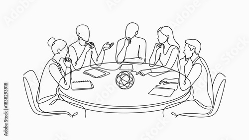 Minimalist line drawing of five people in meeting, round table discussion icon, teamwork and collaboration illustration, brainstorming vector, professional setting, clean design, communication symbol