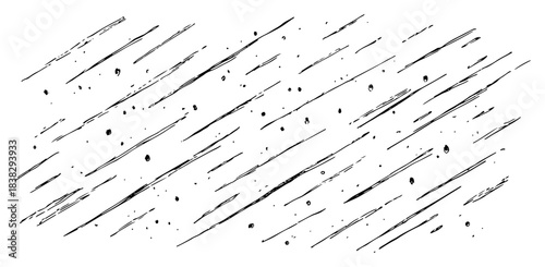 Hand drawn heavy rain texture with diagonal lines and drops illustrating stormy weather or fast motion background with ink sketch style