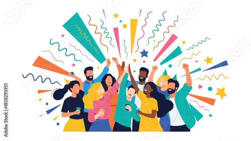 Celebration of Unity: A vibrant gathering of diverse individuals comes together, arms raised high, amid a flurry of colorful confetti and streamers, symbolizing joy, and shared celebration. 