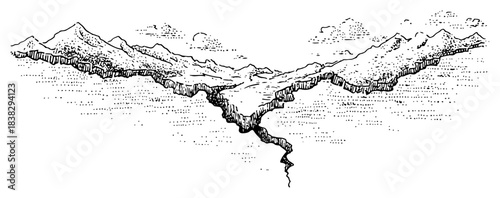 Large crack in the ground or earthquake fissure with mountains Hand drawn ink sketch vector illustration of geological split