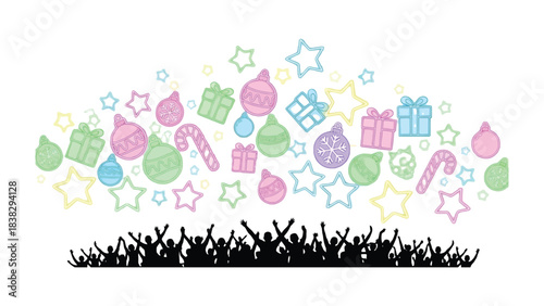 Holiday Cheer & Festivities: A lively silhouette of joyous people is reveling under a vibrant array of festive icons, encompassing Christmas ornaments, gifts, and stars.