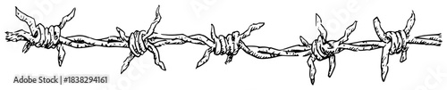 Hand drawn barbed wire vector sketch of sharp metal fence line with spikes in black and white doodle style
