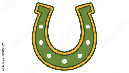 Stylized green horseshoe icon with yellow outline and white holes, good luck symbol, clean vector design, minimalist fortune graphic, protective charm illustration, isolated on light background