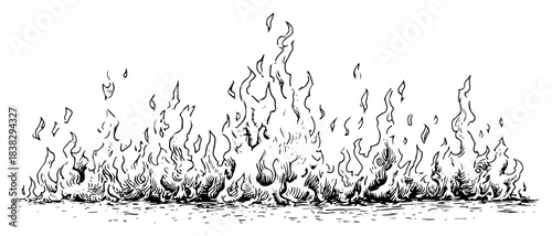 Hand drawn fire flames border vector illustration featuring burning bonfire sketch in engraving style