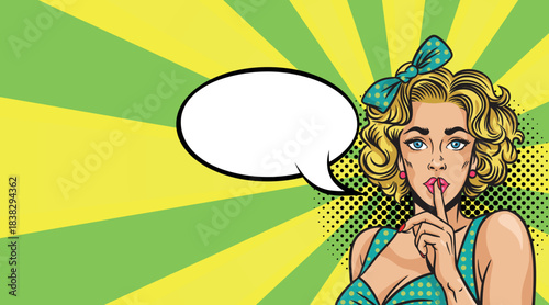 A beautiful sexy girl surprised by a speech in pop art style