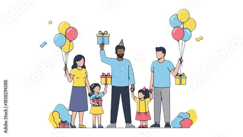 Celebration with Presents: Illustration depicting a lively birthday celebration, as a group of people, each clutching colorful balloons and wrapped gifts, revel in a joyful moment.