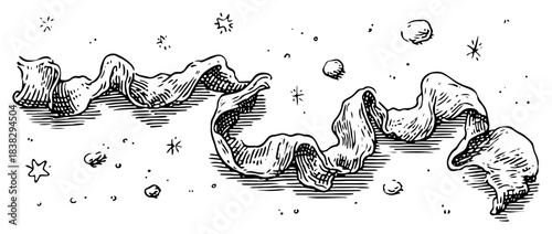 Hand drawn vector sketch of waving ribbon banner floating among stars and planets Engraving style celestial scroll illustration
