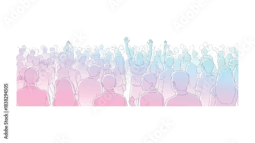 Abstract Gathering of People: An artistic illustration depicts a large crowd, painted in a gradient of soft colors, creating a sense of unity and collective presence. 
