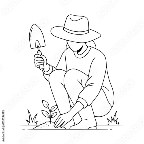 Gardening illustration of a person in a hat planting a small tree or sapling in the soil