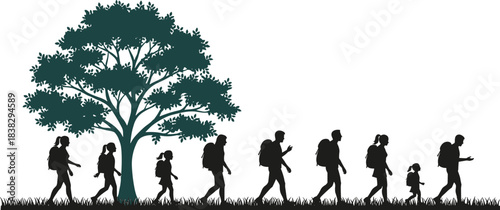 Family Group Backpacking Hiking Adventure Silhouettes Walking Together by Big Tree on Grassy Trail Path in Nature Landscape Vector Illustration.