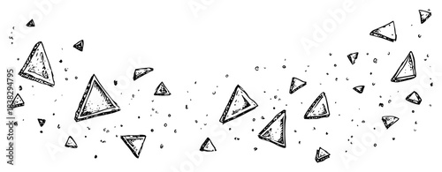 Abstract flying 3d triangles and debris particles Hand drawn ink sketch vector background of geometric shapes