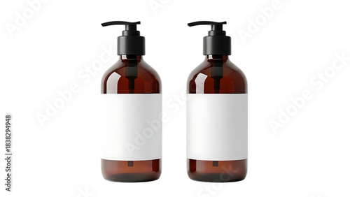 Two amber pump bottles with black dispensers and white labels