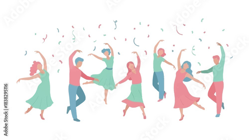 Joyful Dancing Crowd: A lively group of figures celebrate with expressive dance and joyful movement, their silhouettes accented by confetti, capturing a sense of exhilaration and community