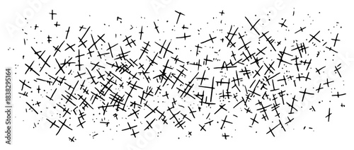 Hand drawn scattered crosses texture illustrating grunge noise and chaotic scratchy background with ink style