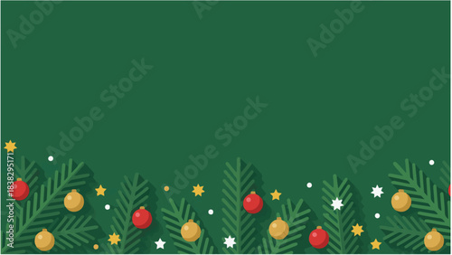Christmas background with fir branches, ornaments, stars, and festive decorations in a flat design style