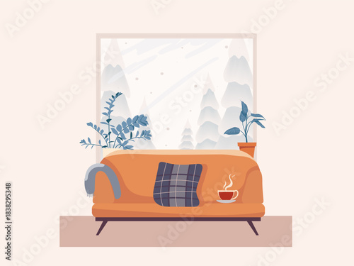 A cozy living room with an orange sofa, a steaming cup and a view of the snow-covered trees from the window. 
