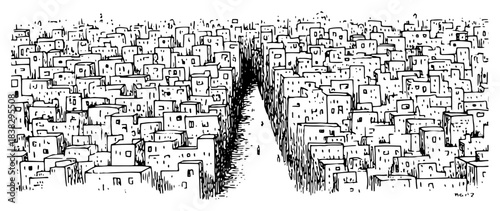 Dense crowded city houses or favela panorama Hand drawn ink sketch vector illustration of urban architecture