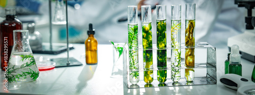 Botanical extracts in test tubes displayed on a laboratory table during cosmetic and biotech research. Green liquids, plant samples, and scientific equipment highlight natural formulation innovation.