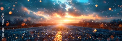 Panoramic Fantasy Landscape at Dusk with Glowing Lights and Stars