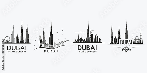 Dubai travel concept logo sketch illustration vector set