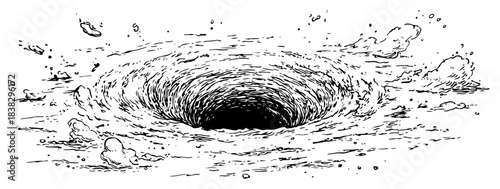 Deep sinkhole or impact crater in the ground with dust Hand drawn ink sketch vector illustration of abyss
