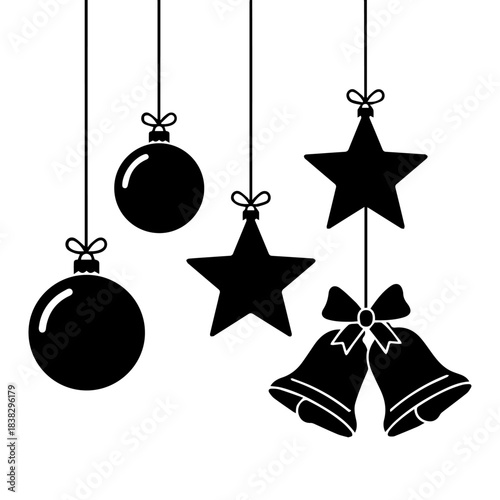 A clean vector pack of hanging Christmas ornaments: solid black silhouettes of bells, stars, and balls tied with elegant bows. Festive decor.