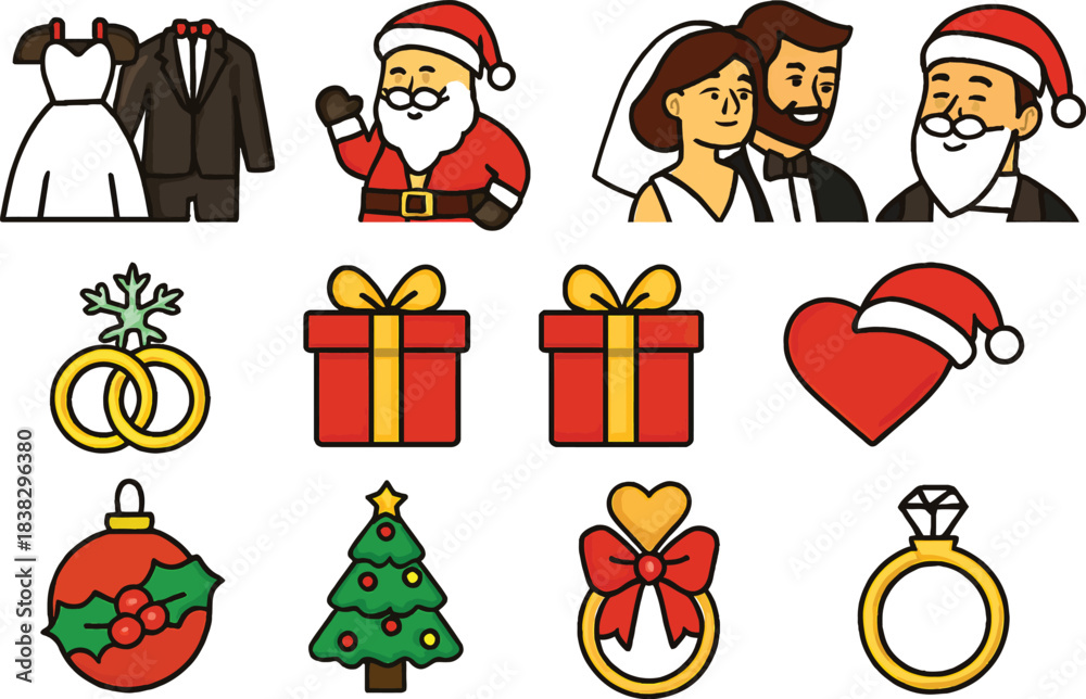 Fototapeta premium Christmas icon set: vector cartoon illustration of Santa Claus, gifts, tree, snowman, and winter holiday decorations for celebration