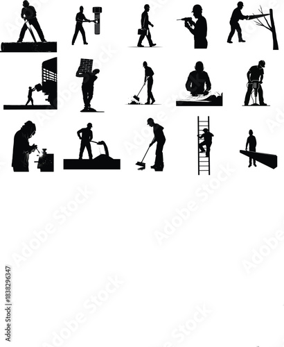 Silhouettes of construction workers performing various tasks outdoors