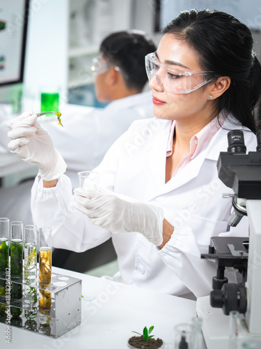 Scientist working in a biology lab examining algae extract for biotechnology and cosmetic research. Test tubes, green samples, and lab equipment highlight natural formulation and scientific innovation