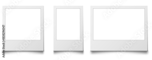 Realistic blank photo frames with soft shadows on transparent background, suitable for mockups, presentations, and digital artwork, ideal for templates and graphic design use.