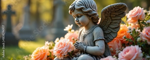 Stone statue of young angel with wings and flowers in cemetery. Statue surrounded by pink roses soft daylight. Blurred tombstones in the background. Serene and peaceful atmosphere in a graveyard.