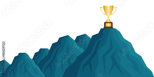 Trophy on the Top of Mountain. Goal Achievement and Business Success Concept. 