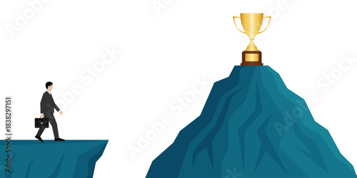 Businessman Walking to Peak of the Mountain to get Trophy. Goal Achievement and Business Success Concept. 