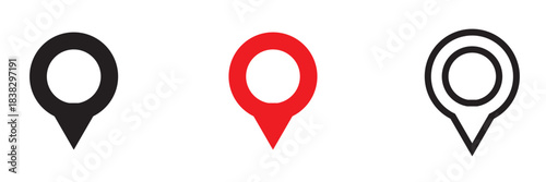 Map location pin icons in black and red. Simple set of map location pin icons in black, red, and outlined style, useful for navigation apps, maps, and interface design.

