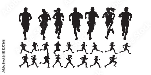 This image displays a collection of black silhouettes of people running. There are three rows of runners. The top row shows larger, more detailed figures, while the subsequent rows feature smaller, 