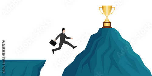 Businessman Jumping to Peak of the Mountain to get Trophy. Goal Achievement and Business Success Concept. 