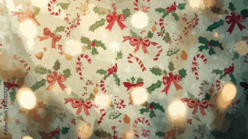 A close-up of a festive Christmas texture with red bows, green holly leaves, and candy canes on a white background, adorned with warm golden lights. Perfect for holiday cards, decorations,