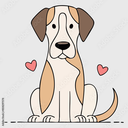 A cartoon dog with white and beige fur and brown ears sits calmly and looks directly at the viewer with large, shining eyes.