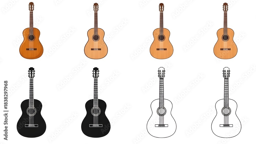 Fototapeta premium Vector set of classical guitars, in realistic, flat color, black silhouette and outline versions stock illustration