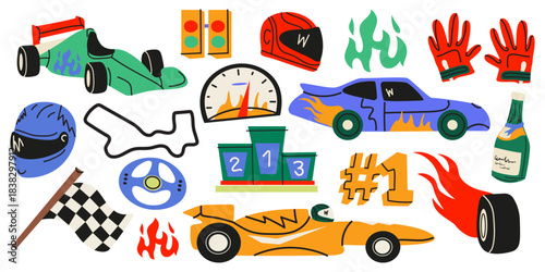 Racing bright stickers set in cartoon style. A racing car, track, steering wheel, speed, driver's helmet, wheel tires, checkered flags. Car racing, competition, drive, victory concept. Vector icons