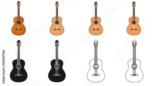 Vector set of classical guitars, in realistic, flat color, black silhouette and outline versions stock illustration