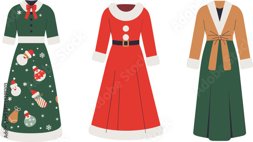 Christmas dresses, festive fashion, winter outfit design, holiday clothing, Santa style, seasonal wear, cad drawing, flat vector illustration
