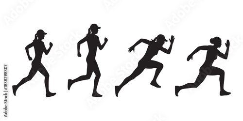 This is a series of four black silhouettes of a woman running. They are depicted in different stages of motion, from a relaxed jog to a full sprint. Each silhouette is identical in form but positioned