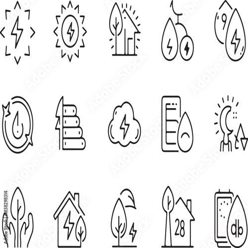 Vector line icons set showcasing renewable energy sources, sustainability, and eco-friendly solutions for web and app interfaces