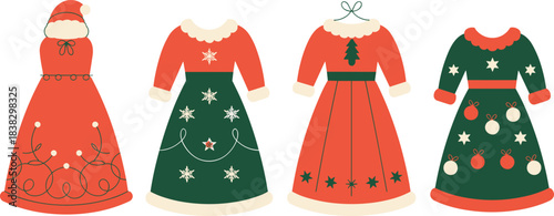 Christmas dresses, festive fashion, holiday outfit design, seasonal clothing, ornament detail, winter wear, cad drawing, flat vector illustration