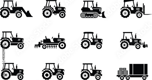 Collection of twelve black tractor and heavy farm vehicle silhouettes showcasing various equipment like a loader, bulldozer, forklift, and tiller, isolated on a white background, agriculture.